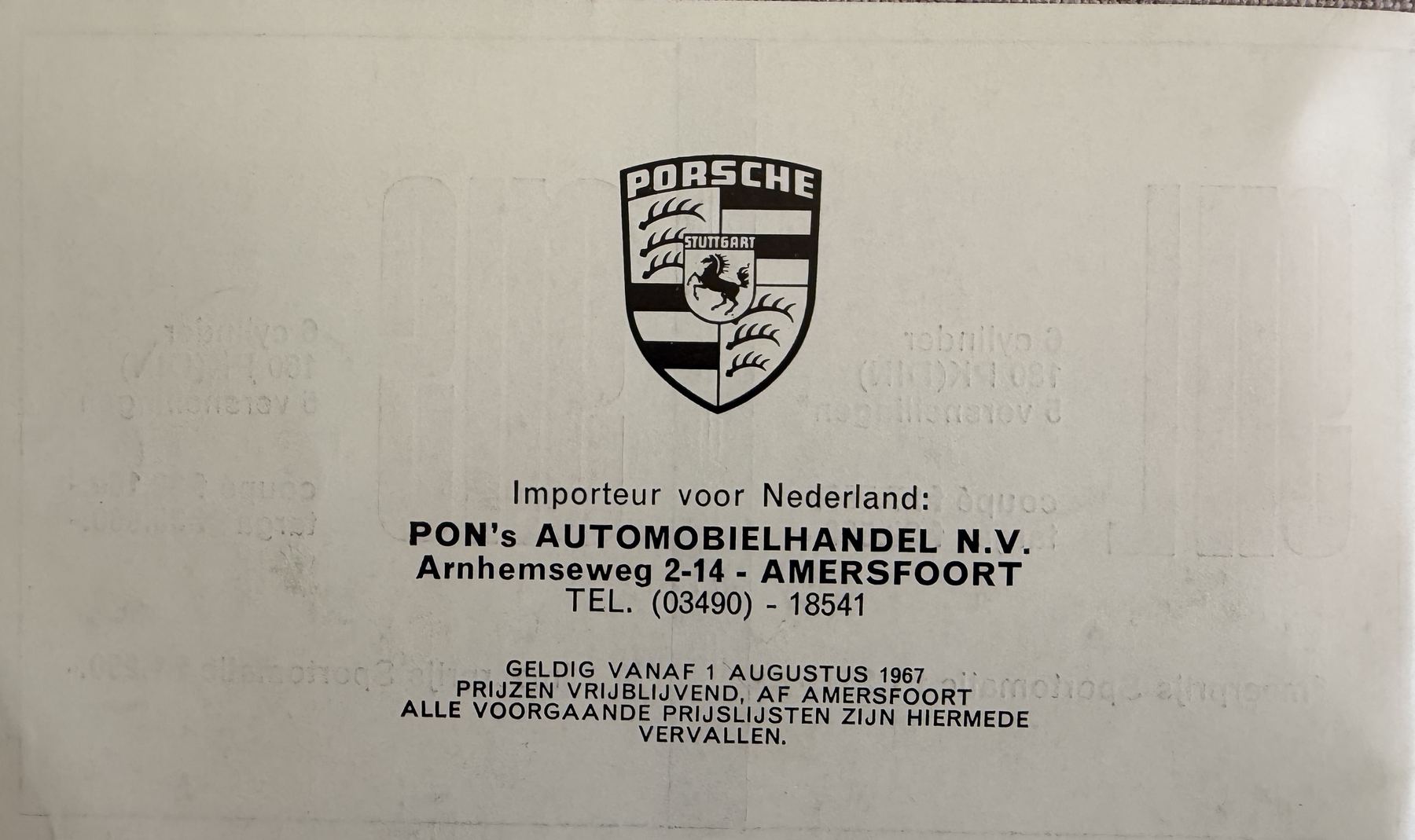 Back of the price list with crest and importer