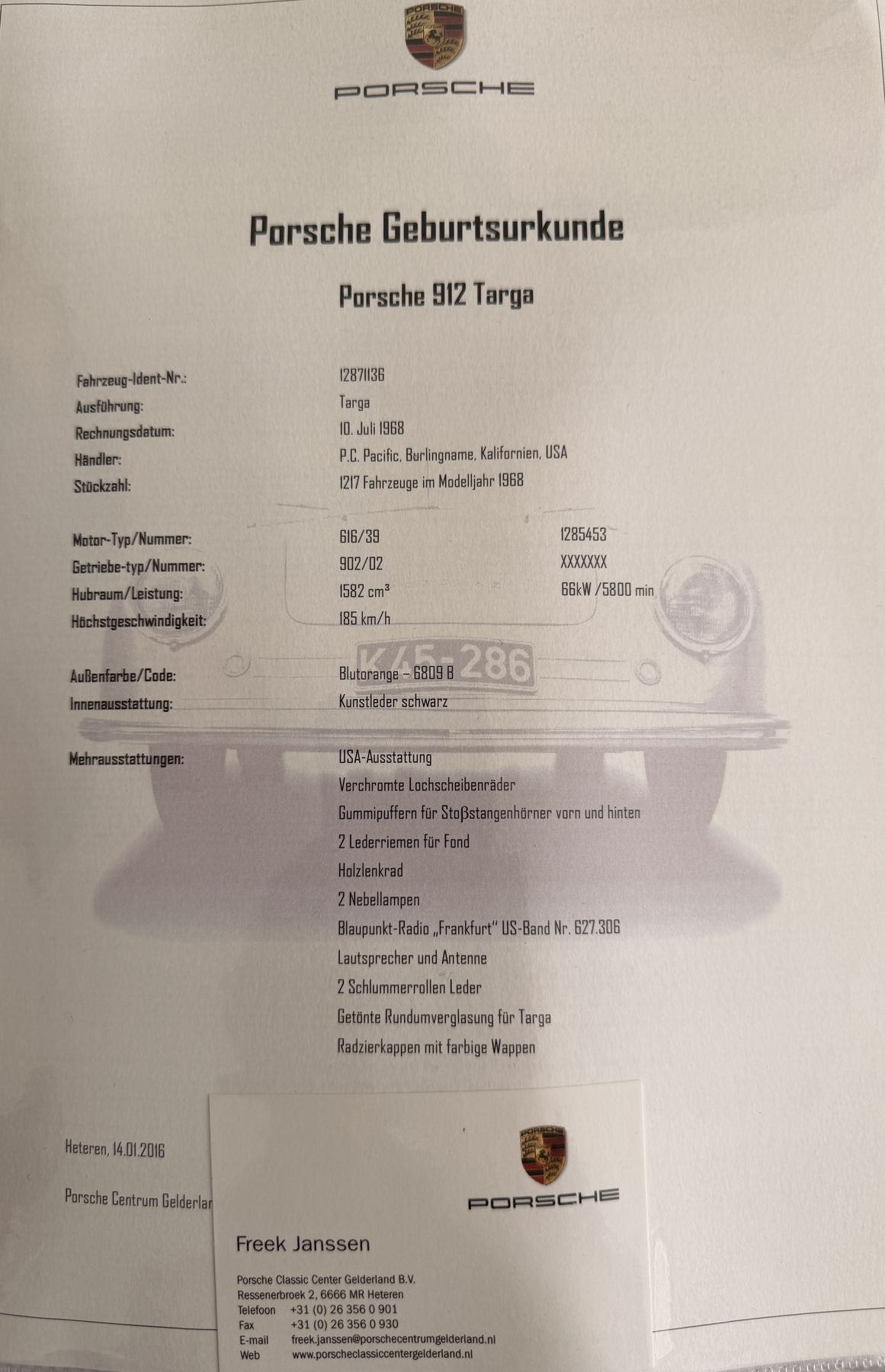 Porsche Geburtsurkunde, 912 Targa