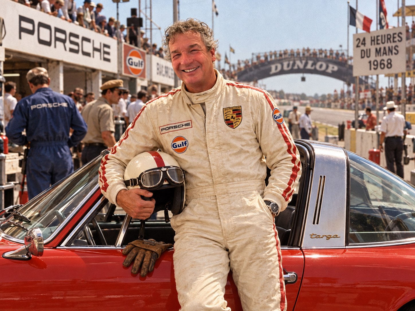 Marc de Graaff in a 1968 racing suit, helmet under his arm, leaning on a red 912 Targa in the Le Mans pit lane